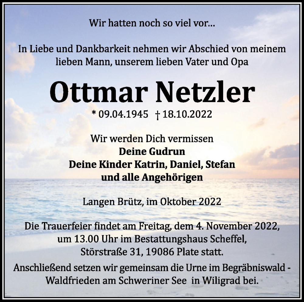  Traueranzeige für Ottmar Netzler vom 29.10.2022 aus Leonberger Kreiszeitung / Strohgäu Extra