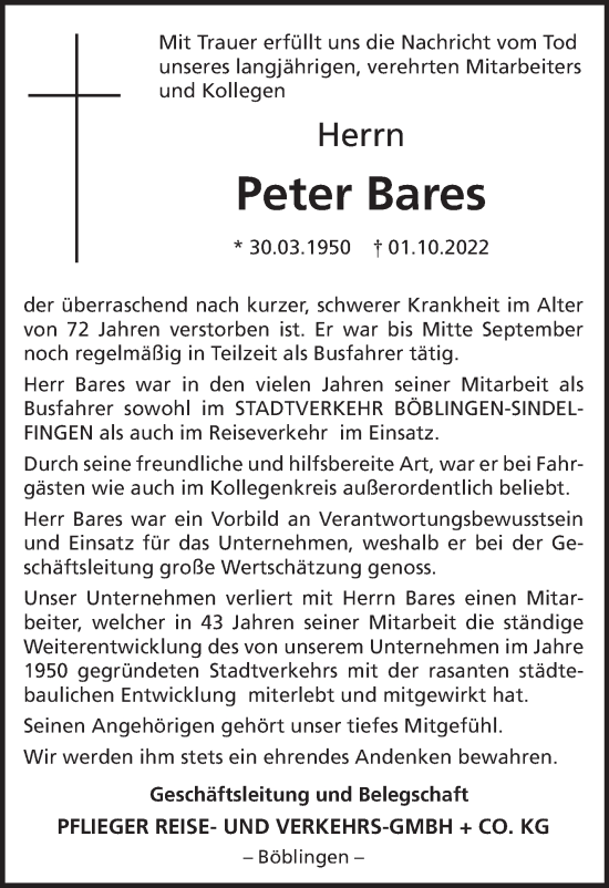 Traueranzeige von Peter Bares von Leonberger Kreiszeitung / Strohgäu Extra