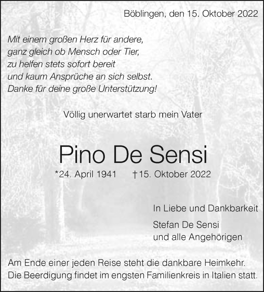  Traueranzeige für Pino De Sensi vom 20.10.2022 aus Leonberger Kreiszeitung / Strohgäu Extra
