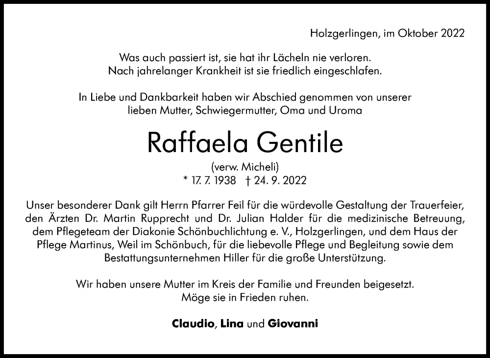  Traueranzeige für Raffaela Gentile vom 21.10.2022 aus Leonberger Kreiszeitung / Strohgäu Extra