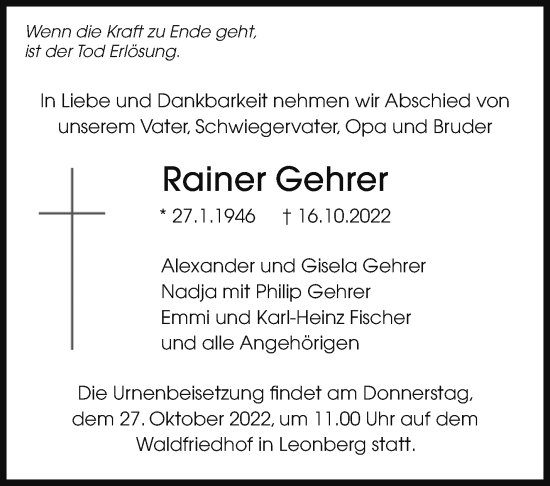 Traueranzeige von Rainer Gehrer von Leonberger Kreiszeitung / Strohgäu Extra