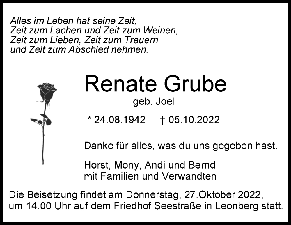  Traueranzeige für Renate Grube vom 22.10.2022 aus Leonberger Kreiszeitung / Strohgäu Extra