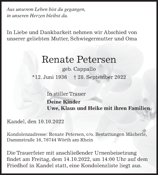Traueranzeige von Renate Petersen von Leonberger Kreiszeitung / Strohgäu Extra