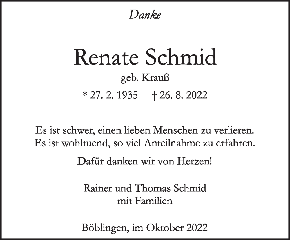  Traueranzeige für Renate Schmid vom 08.10.2022 aus Leonberger Kreiszeitung / Strohgäu Extra