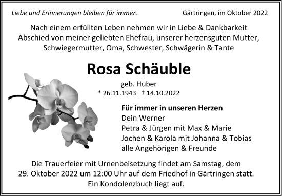 Traueranzeige von Rosa Schäuble von Leonberger Kreiszeitung / Strohgäu Extra