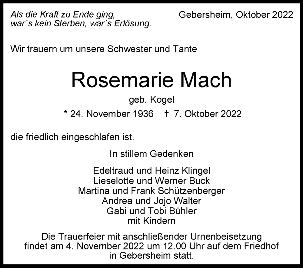  Traueranzeige für Rosemarie Mach vom 14.10.2022 aus Leonberger Kreiszeitung / Strohgäu Extra