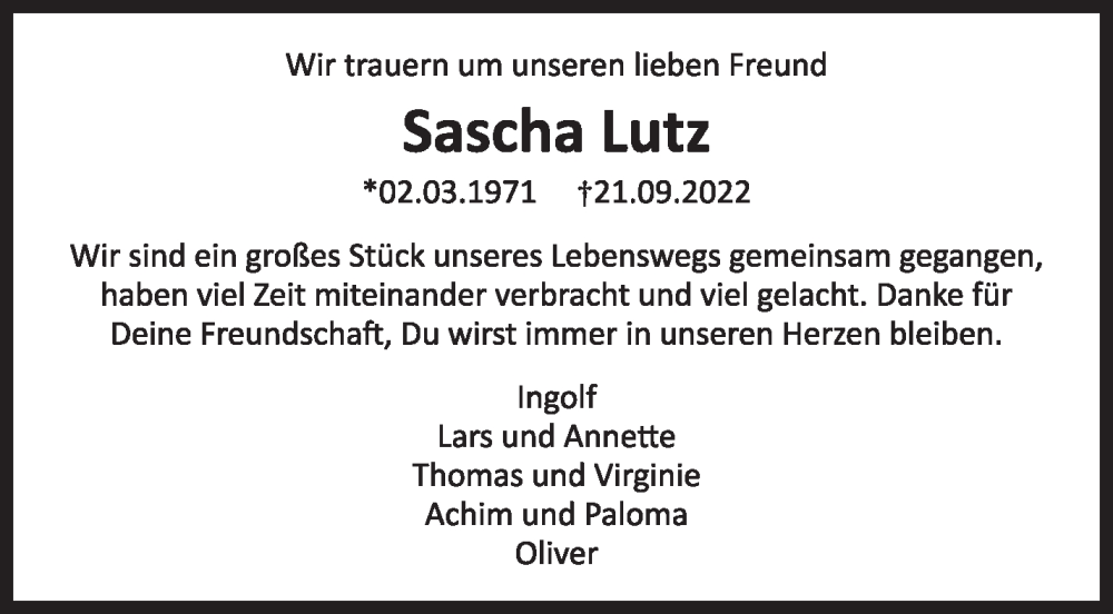  Traueranzeige für Sascha Lutz vom 06.10.2022 aus Leonberger Kreiszeitung / Strohgäu Extra