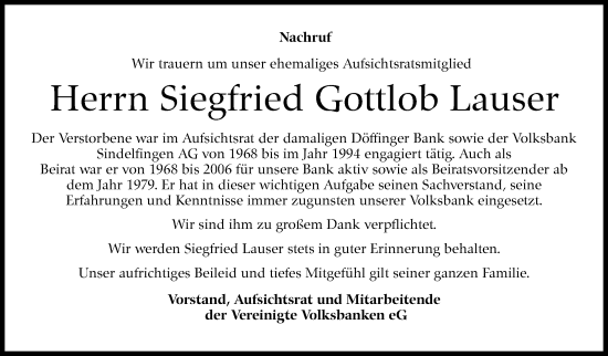 Traueranzeige von Siegfried Lauser von Leonberger Kreiszeitung / Strohgäu Extra