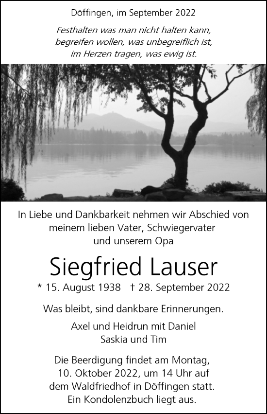 Traueranzeige von Siegfried Lauser von Leonberger Kreiszeitung / Strohgäu Extra