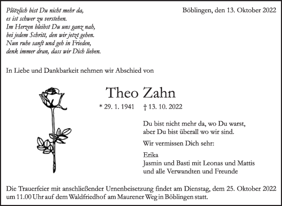 Traueranzeige von Theo Zahn von Leonberger Kreiszeitung / Strohgäu Extra