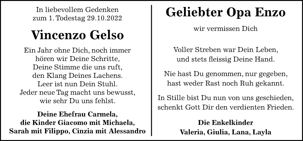  Traueranzeige für Vincenzo Gelso vom 27.10.2022 aus Leonberger Kreiszeitung / Strohgäu Extra