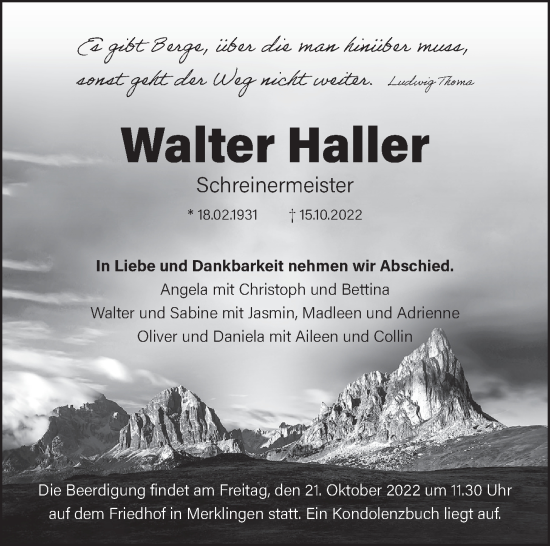 Traueranzeige von Walter Haller von Leonberger Kreiszeitung / Strohgäu Extra