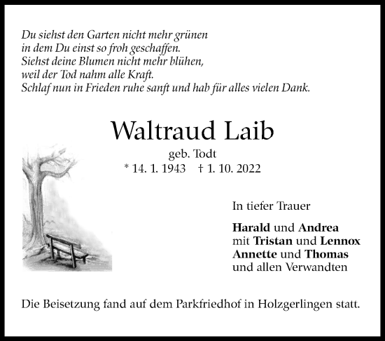 Traueranzeige von Waltraud Laib von Leonberger Kreiszeitung / Strohgäu Extra