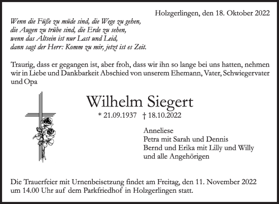 Traueranzeige von Wilhelm Siegert von Leonberger Kreiszeitung / Strohgäu Extra