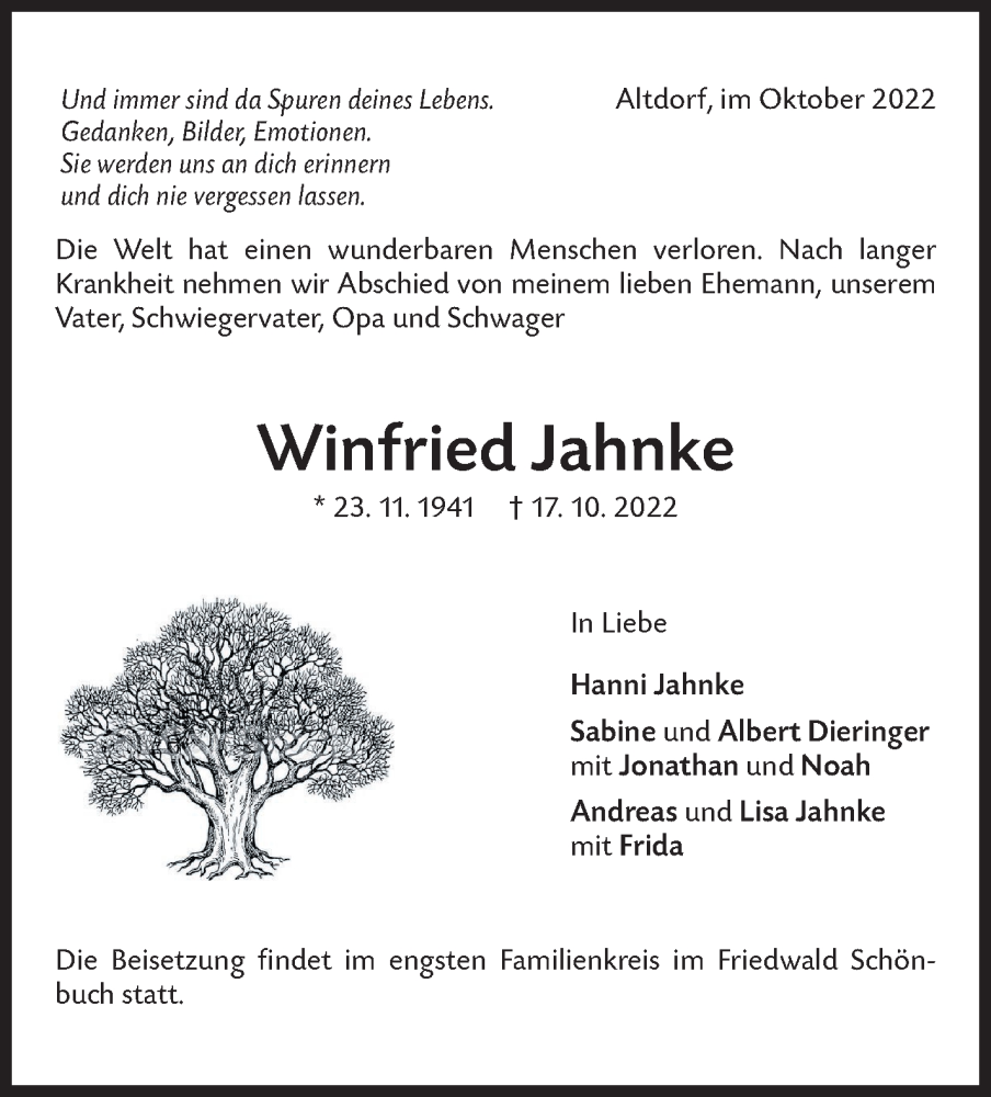  Traueranzeige für Winfried Jahnke vom 28.10.2022 aus Leonberger Kreiszeitung / Strohgäu Extra
