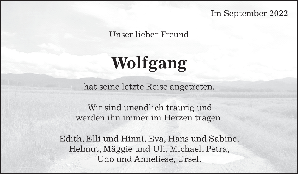  Traueranzeige für Wolfgang  vom 06.10.2022 aus Leonberger Kreiszeitung / Strohgäu Extra