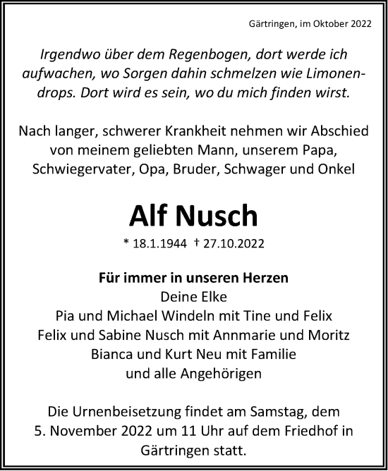 Traueranzeige von Alf Nusch von Leonberger Kreiszeitung / Strohgäu Extra
