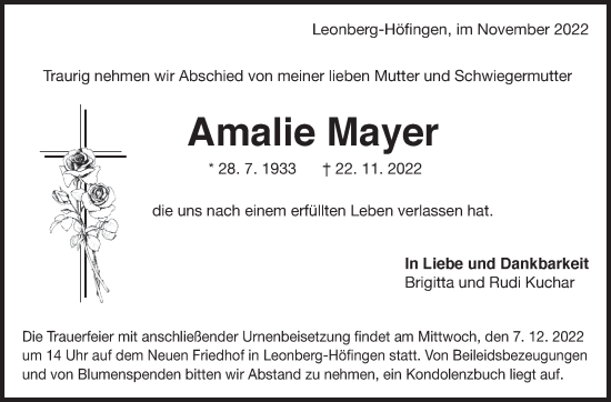 Traueranzeige von Amalie Mayer von Leonberger Kreiszeitung / Strohgäu Extra