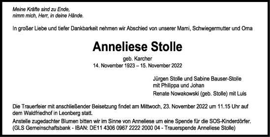 Traueranzeige von Anneliese Stolle von Leonberger Kreiszeitung / Strohgäu Extra