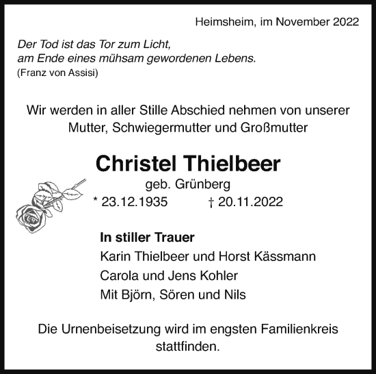 Traueranzeige von Christel Thielbeer von Leonberger Kreiszeitung / Strohgäu Extra