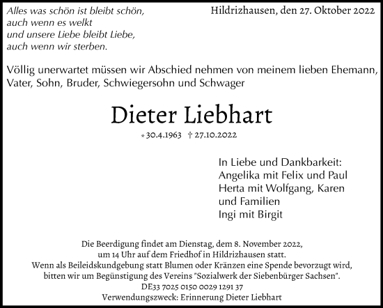 Traueranzeige von Dieter Liebhart von Leonberger Kreiszeitung / Strohgäu Extra
