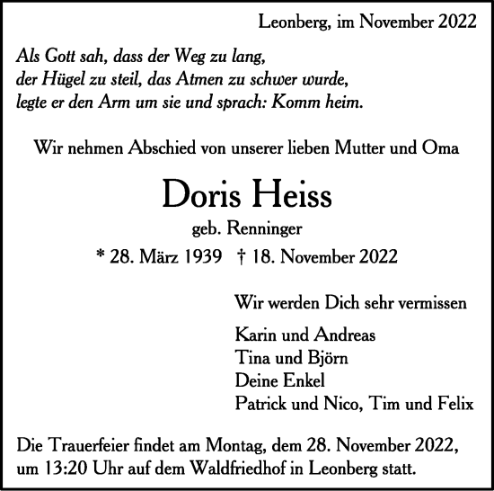 Traueranzeige von Doris Heiss von Leonberger Kreiszeitung / Strohgäu Extra