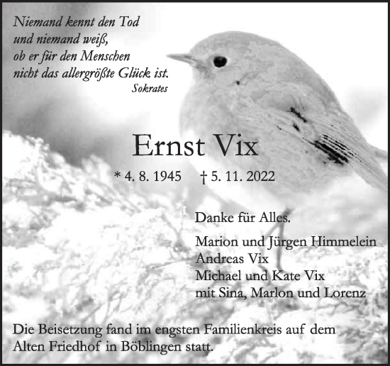 Traueranzeige von Ernst Vix von Leonberger Kreiszeitung / Strohgäu Extra