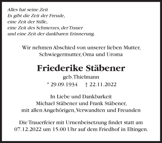 Traueranzeige von Friederike Stäbener von Leonberger Kreiszeitung / Strohgäu Extra