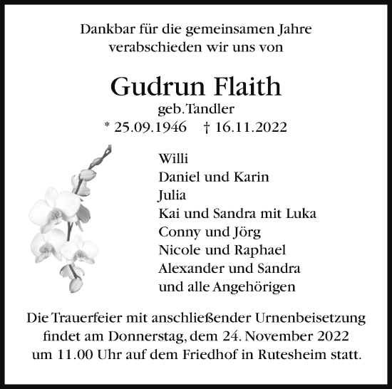 Traueranzeige von Gudrun Flaith von Leonberger Kreiszeitung / Strohgäu Extra