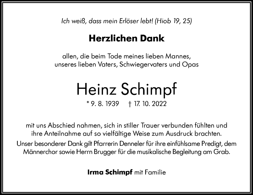  Traueranzeige für Heinz Schimpf vom 03.11.2022 aus Leonberger Kreiszeitung / Strohgäu Extra