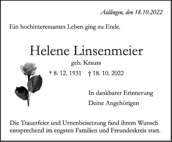 Traueranzeige von Helene Linsenmeier von Leonberger Kreiszeitung / Strohgäu Extra