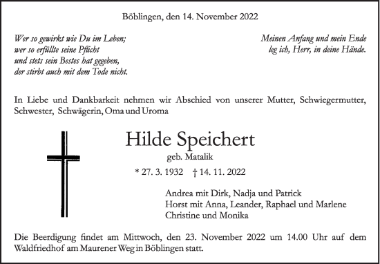 Traueranzeige von Hilde Speichert von Leonberger Kreiszeitung / Strohgäu Extra