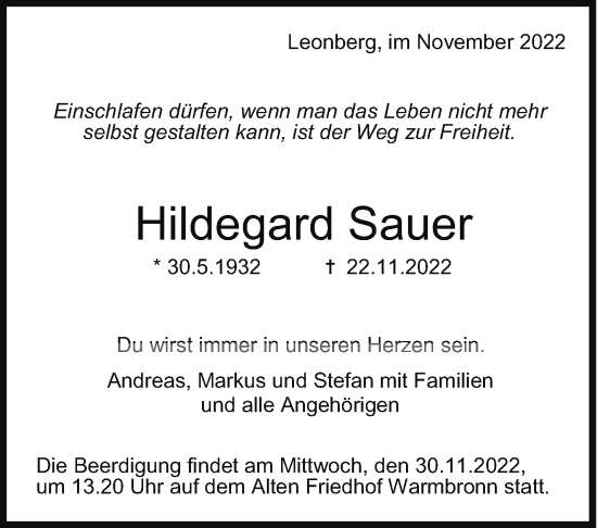 Traueranzeige von Hildegard Sauer von Leonberger Kreiszeitung / Strohgäu Extra