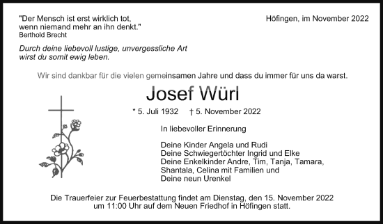 Traueranzeige von Josef Würl von Leonberger Kreiszeitung / Strohgäu Extra