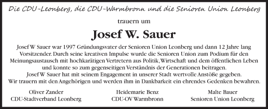 Traueranzeige von Josef W. Sauer von Leonberger Kreiszeitung / Strohgäu Extra