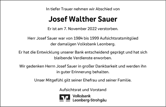 Traueranzeige von Josef Walther Sauer von Leonberger Kreiszeitung / Strohgäu Extra