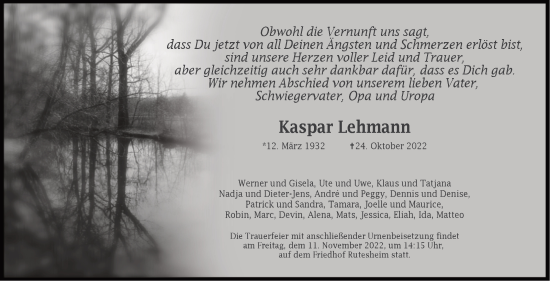 Traueranzeige von Kasper Lehmann von Leonberger Kreiszeitung / Strohgäu Extra