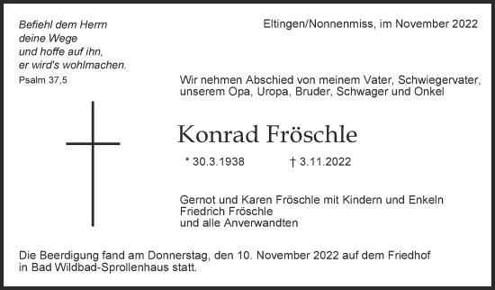Traueranzeige von Konrad Fröschle von Leonberger Kreiszeitung / Strohgäu Extra