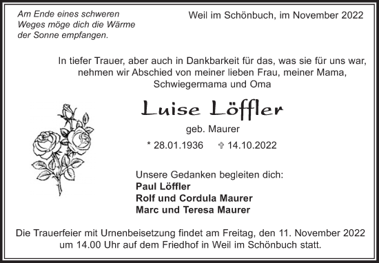 Traueranzeige von Luise Löffler von Leonberger Kreiszeitung / Strohgäu Extra