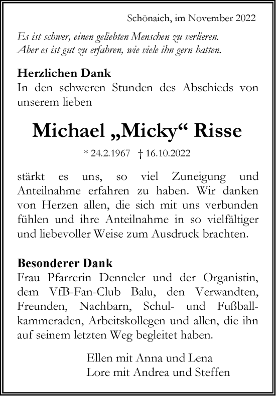 Traueranzeige von Michael Risse von Leonberger Kreiszeitung / Strohgäu Extra