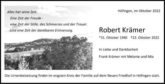 Traueranzeige von Robert Krämer von Leonberger Kreiszeitung / Strohgäu Extra