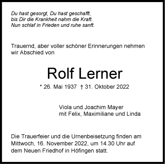Traueranzeige von Rolf Lerner von Leonberger Kreiszeitung / Strohgäu Extra