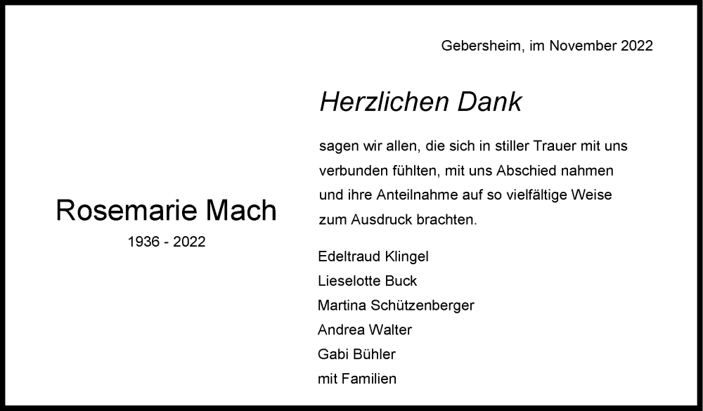  Traueranzeige für Rosemarie Mach vom 22.11.2022 aus Leonberger Kreiszeitung / Strohgäu Extra