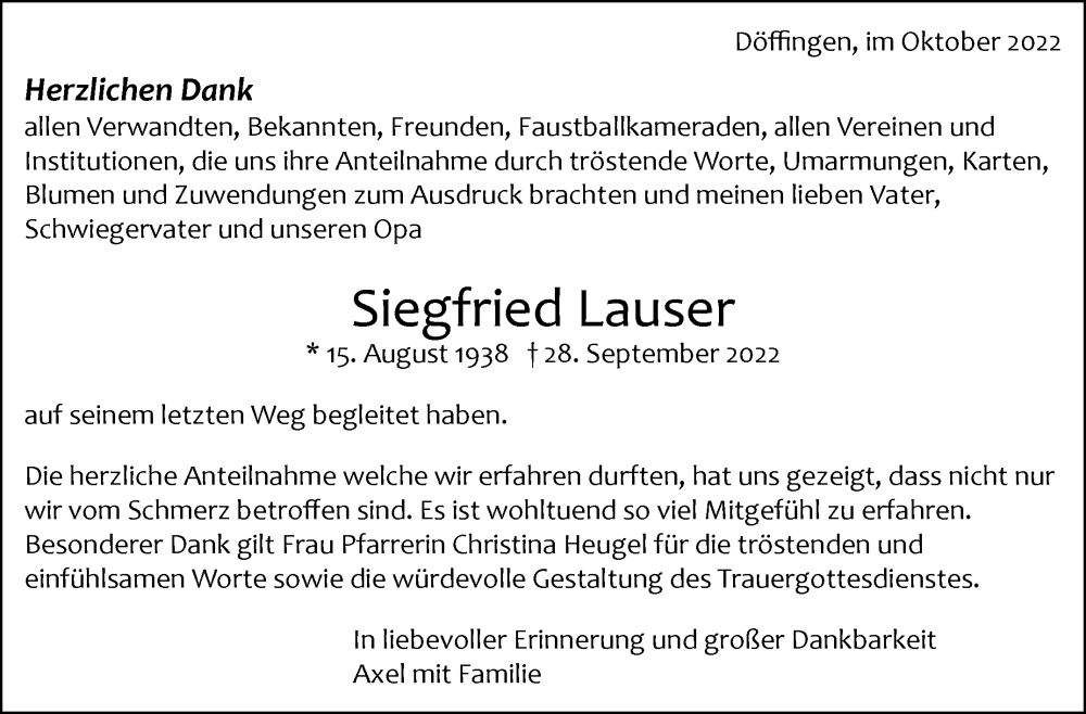  Traueranzeige für Siegfried Lauser vom 03.11.2022 aus Leonberger Kreiszeitung / Strohgäu Extra