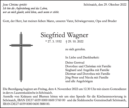 Traueranzeige von Siegfried Wagner von Leonberger Kreiszeitung / Strohgäu Extra