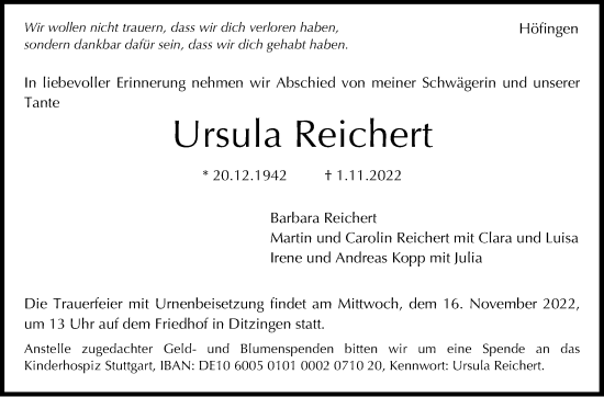 Traueranzeige von Ursula Reichert von Leonberger Kreiszeitung / Strohgäu Extra