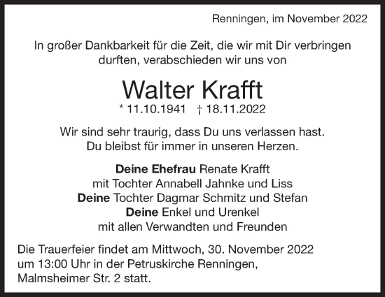 Traueranzeige von Walter Krafft von Leonberger Kreiszeitung / Strohgäu Extra