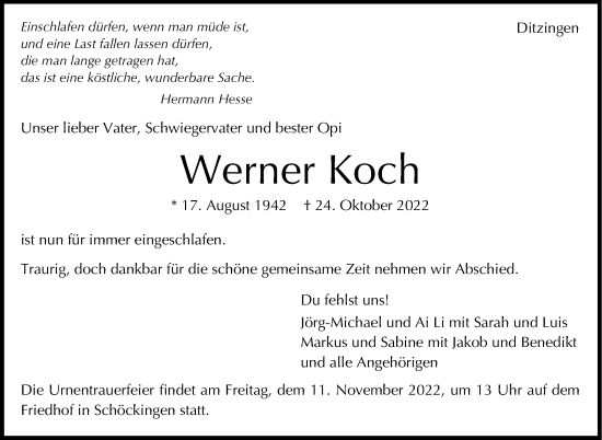 Traueranzeige von Werner Koch von Leonberger Kreiszeitung / Strohgäu Extra