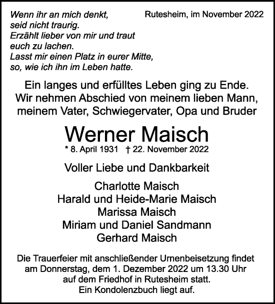 Traueranzeige von Werner Maisch von Leonberger Kreiszeitung / Strohgäu Extra