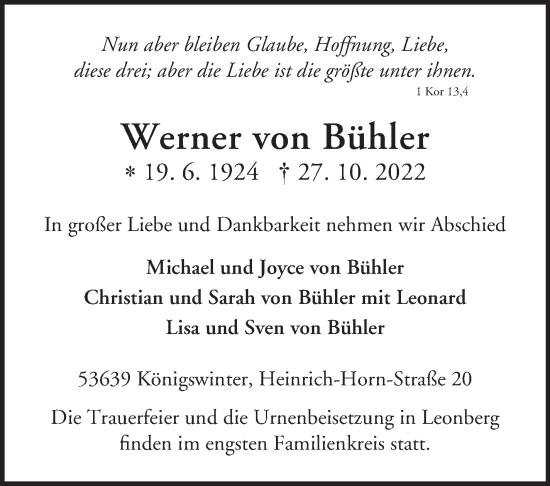 Traueranzeige von Werner vonBühler von Leonberger Kreiszeitung / Strohgäu Extra